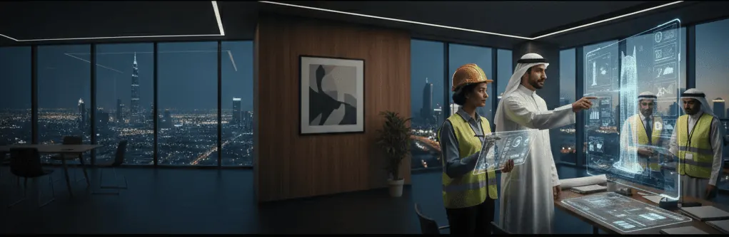 BIM Outsourcing Company in Qatar | Engineering Project Services Engineers and a Qatari executive reviewing a digital 3D building model on a holographic screen, representing solutions by a BIM outsourcing company in Qatar.