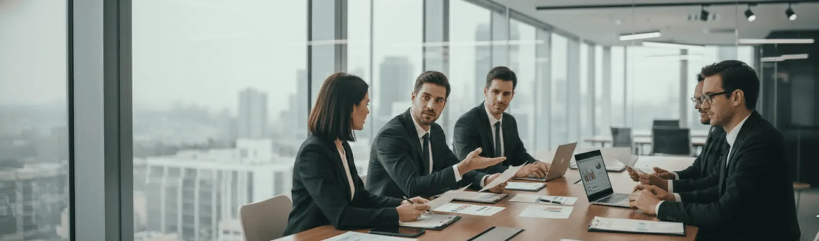 Top Job Staffing Agency in Qatar | Manpower Staffing Services A collaborative corporate team discussing project documentation and analytics in a modern boardroom overlooking the city skyline, representing human resource management and workforce solutions by a premier job staffing agency in Qatar.
